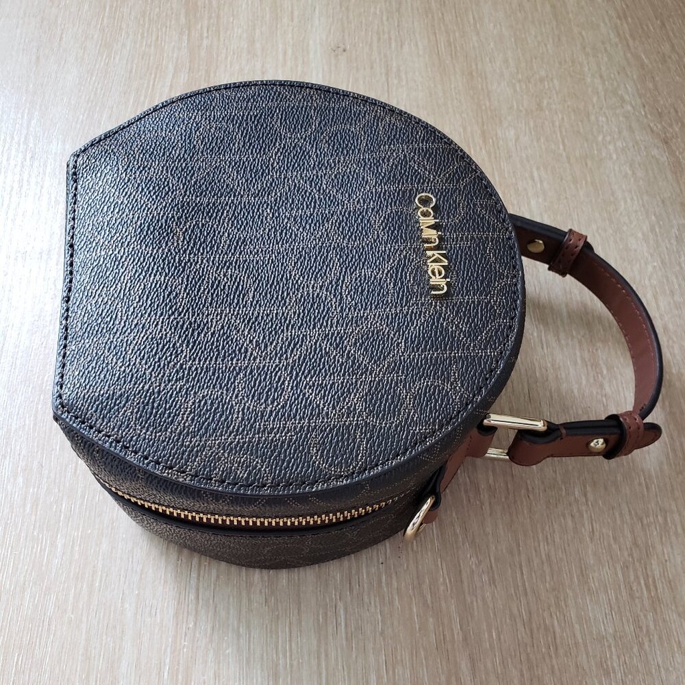 Calvin Klein Dark Brown Monogram Round Crossbody with Tan Handle - Picture 6 of 9